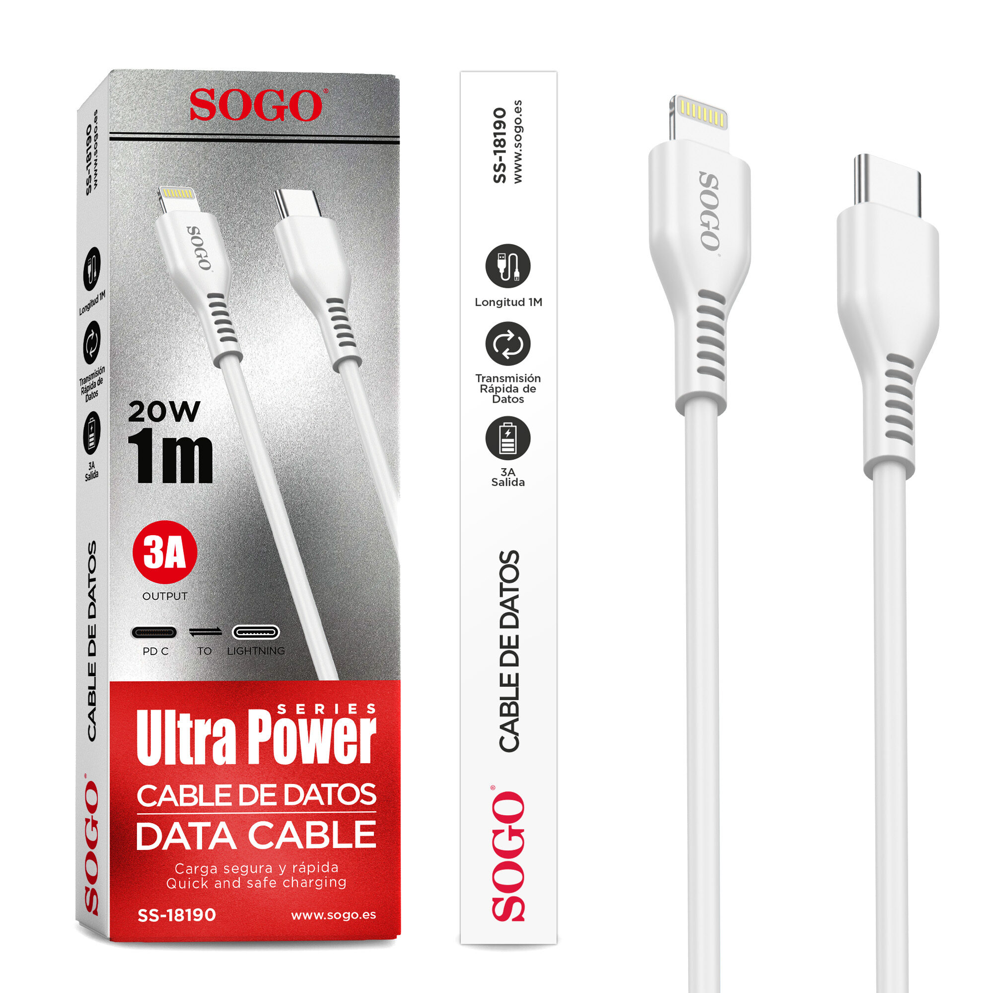 Cavo dati bianco da USB-C a Lightning Sogo Ultra Power con scatola.