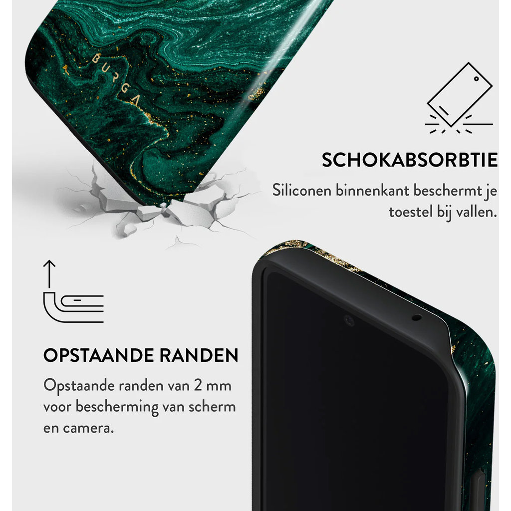 Publicité pour une coque de téléphone en marbre vert avec absorption des chocs.