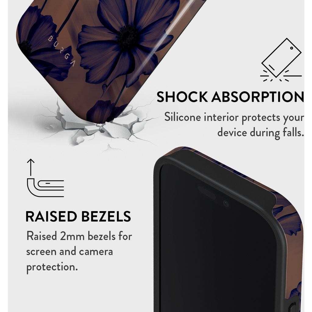 Grafik zeigt Smartphone-Hülle mit Aufprallschutz und erhöhtem Rand für Display- und Kamerasicherheit.