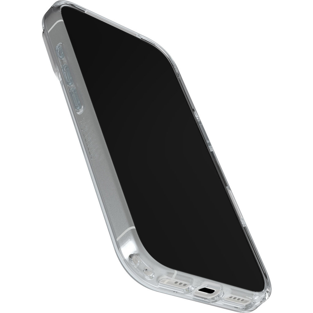 Un smartphone dans une coque de protection transparente, vue inclinée avec boutons et port.