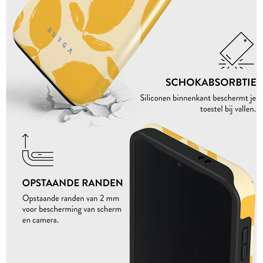 Publicité pour une coque de téléphone antichoc avec motif de citrons jaunes et bords surélevés.
