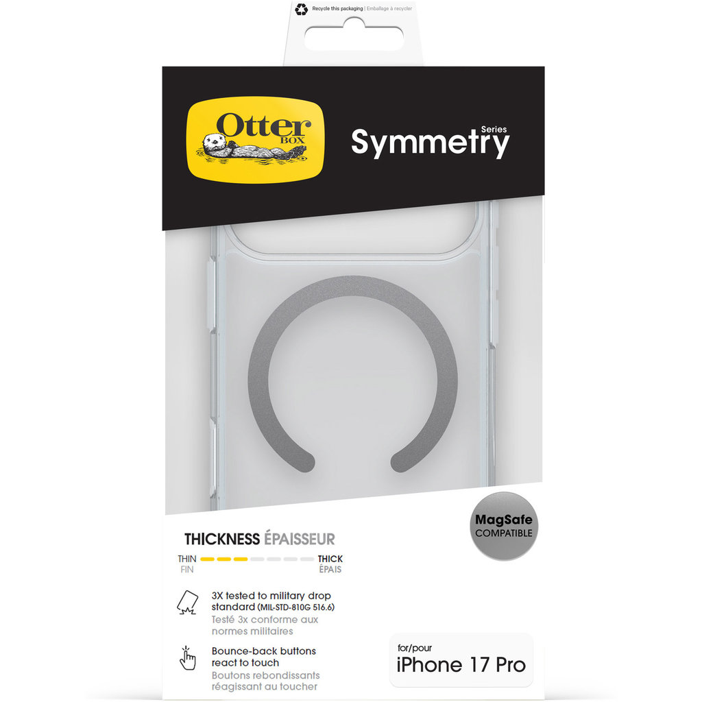 Emballage de la coque MagSafe OtterBox Symmetry Series pour iPhone 17 Pro sur fond blanc.