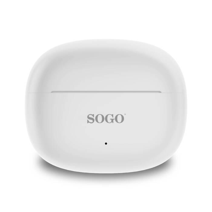 Custodia di ricarica bianca chiusa per auricolari wireless con logo SOGO e piccolo indicatore LED su sfondo bianco.