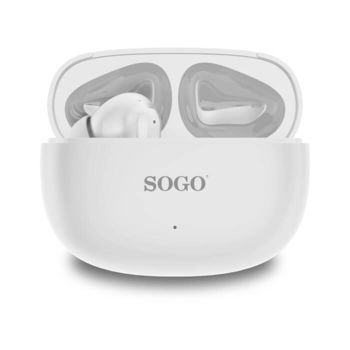 Auricolari wireless SOGO bianchi in una custodia di ricarica aperta su sfondo bianco.