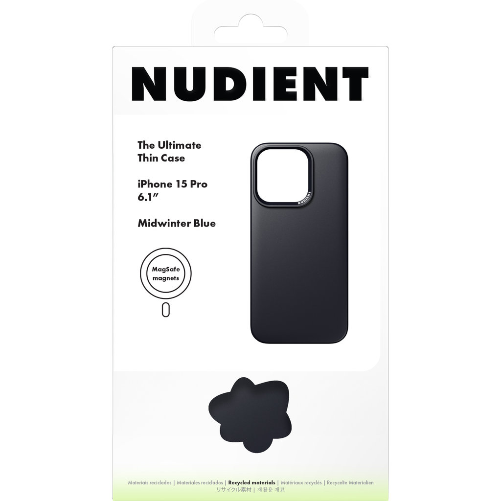 Emballage Nudient pour coque MagSafe iPhone 15 Pro bleue avec texte et icônes.