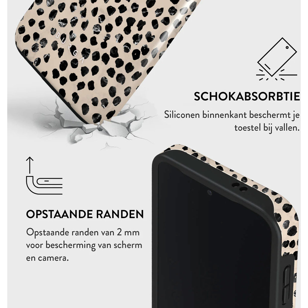 Coque de téléphone motif léopard soulignant l'absorption des chocs et les bords surélevés.