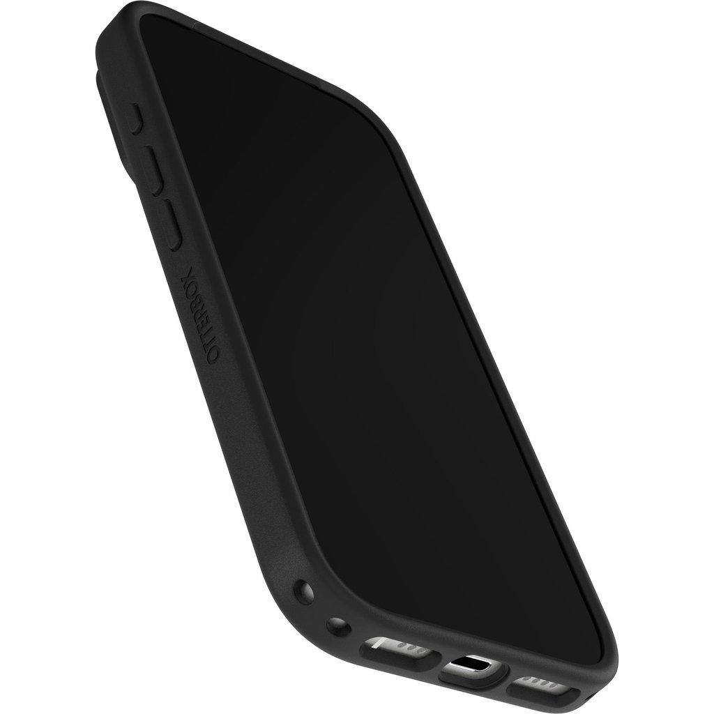 Un smartphone noir dans une coque de protection vu sous un angle.
