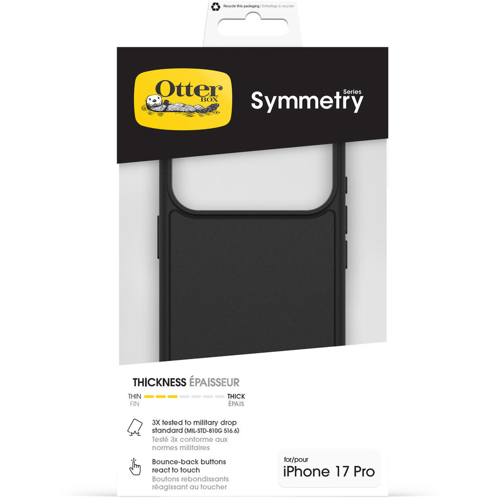 Emballage d'une coque de téléphone OtterBox Symmetry pour iPhone 17 Pro avec caractéristiques.