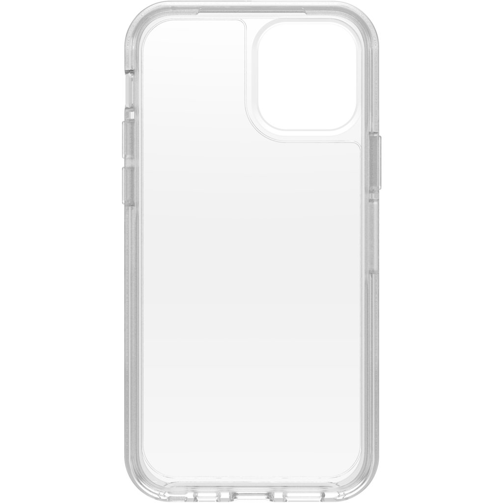 Una custodia protettiva trasparente per smartphone con aperture per fotocamera e pulsanti su sfondo bianco.