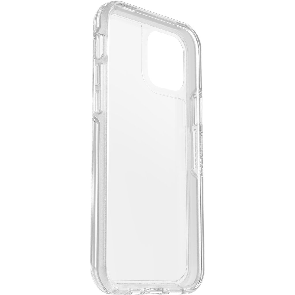 Una custodia protettiva trasparente per smartphone su sfondo bianco.