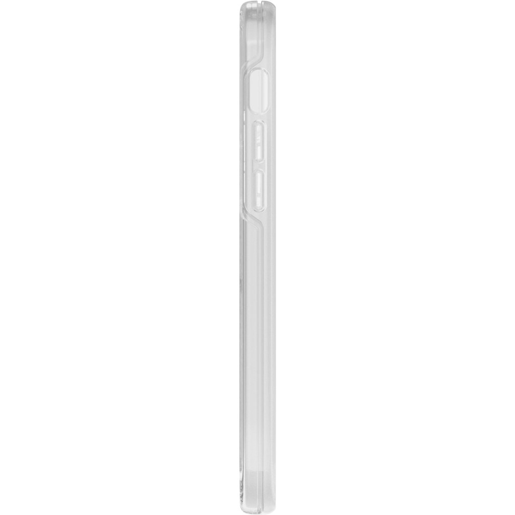 Vista laterale di una custodia protettiva trasparente per cellulare con tasti su sfondo bianco.
