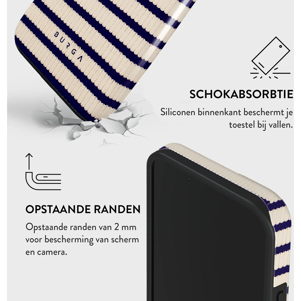 Telefoonhoesje met blauw-witte strepen, toont schokabsorptie en opstaande randen.