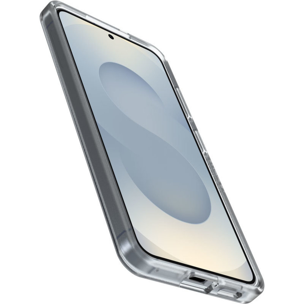 Uno smartphone in una custodia protettiva trasparente, fotografato di sbieco su sfondo bianco.