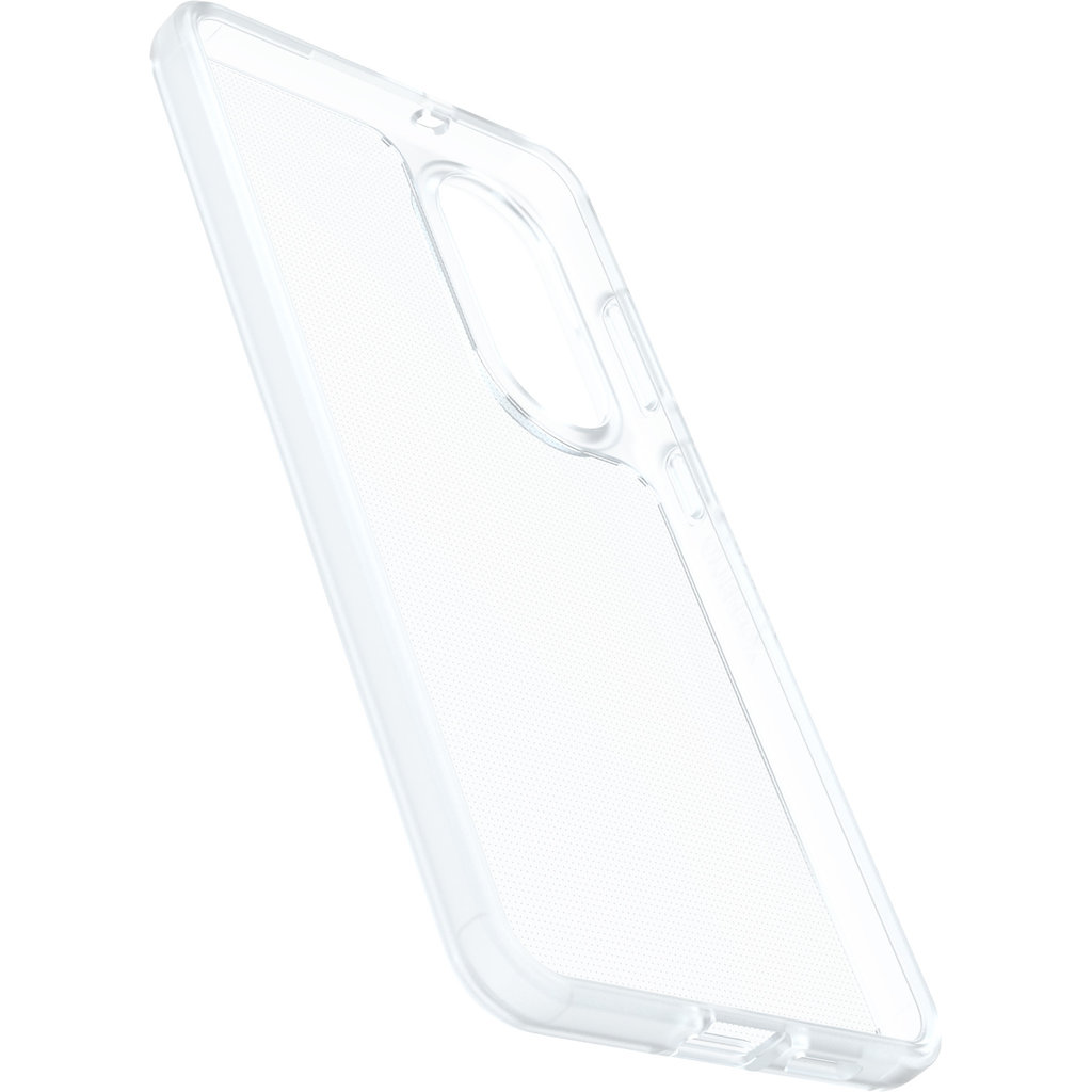Una custodia protettiva trasparente per smartphone su sfondo bianco.