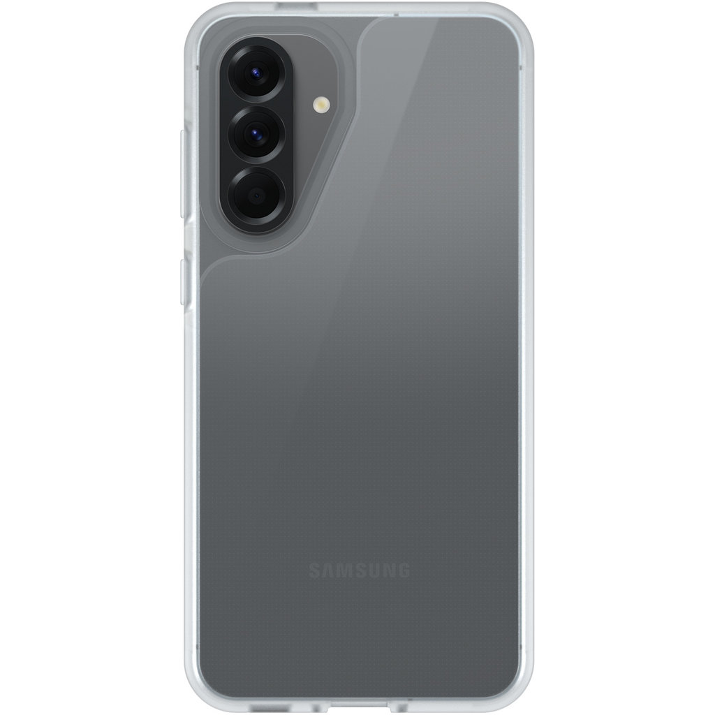 Retro di uno smartphone Samsung grigio in custodia protettiva trasparente con tre fotocamere verticali.