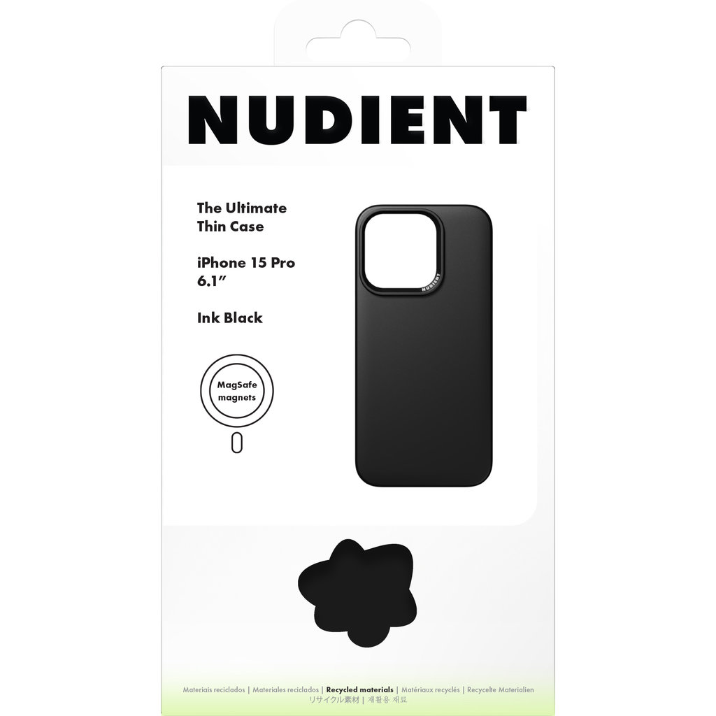 Emballage Nudient pour coque MagSafe noire iPhone 15 Pro en matériaux recyclés.