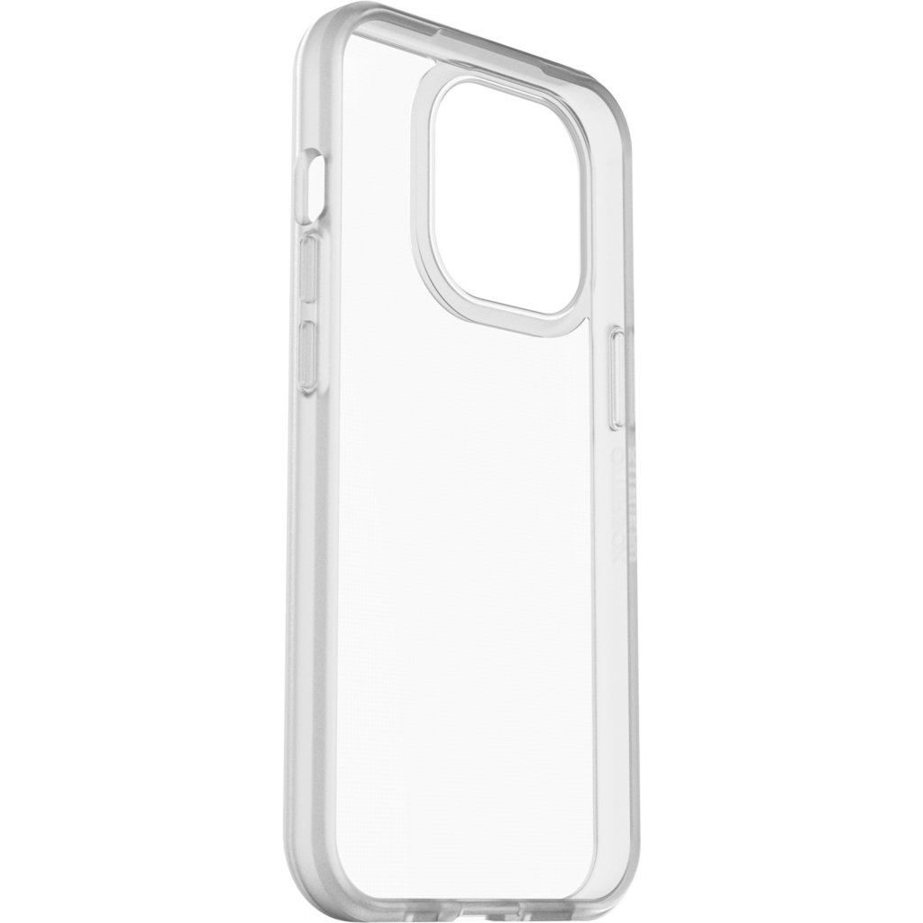 Una custodia per smartphone trasparente e sottile con ritagli precisi su sfondo bianco.