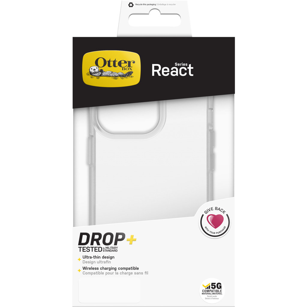 Confezione per la custodia trasparente OtterBox React Series con dettagli e logo.