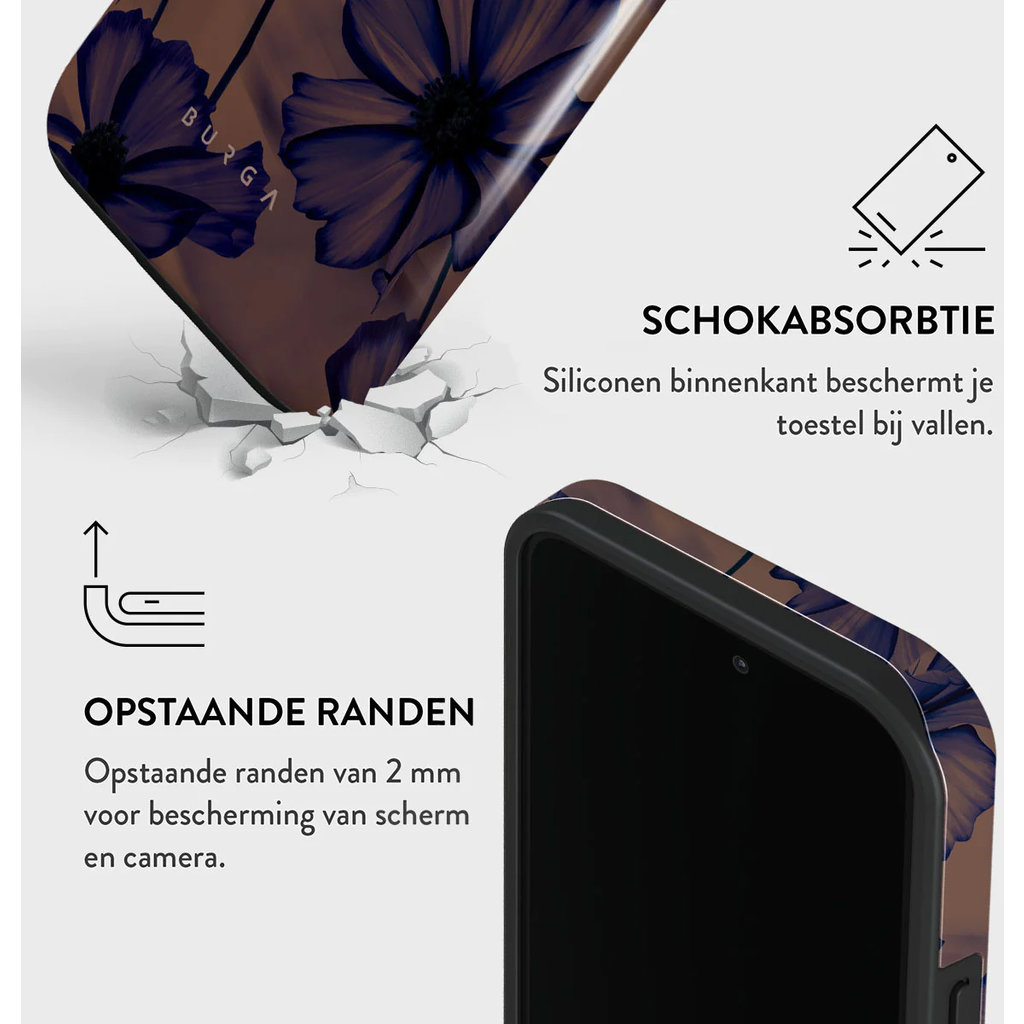 Handyhülle mit Blumenmuster zeigt Stoßdämpfung und erhöhte Ränder.