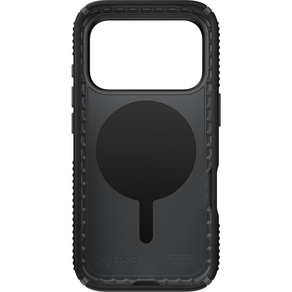 Custodia protettiva nera con anello MagSafe e logo Speck sul retro.