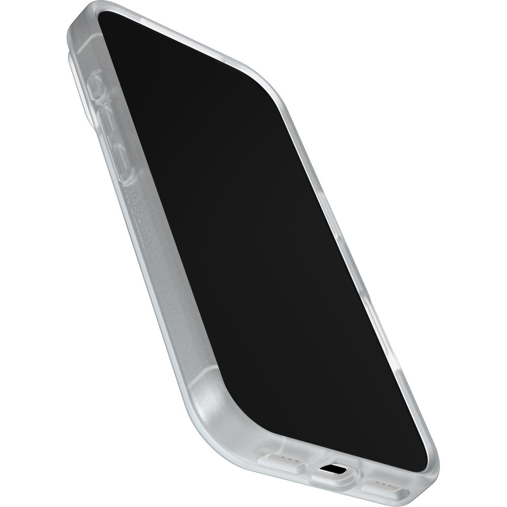 Un teléfono inteligente en una funda protectora de plástico transparente con pantalla negra.