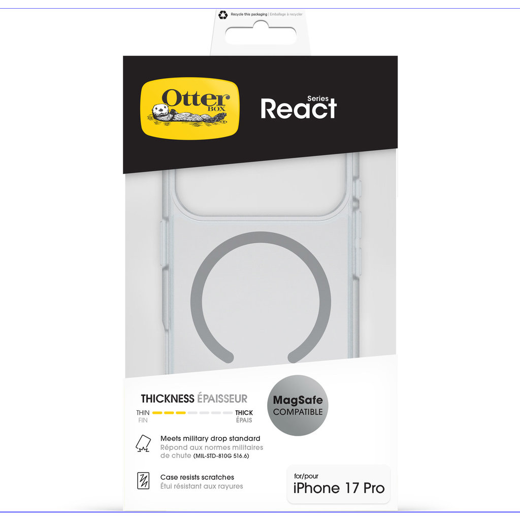 Empaque de funda MagSafe OtterBox React Series para iPhone 17 Pro con una funda transparente.