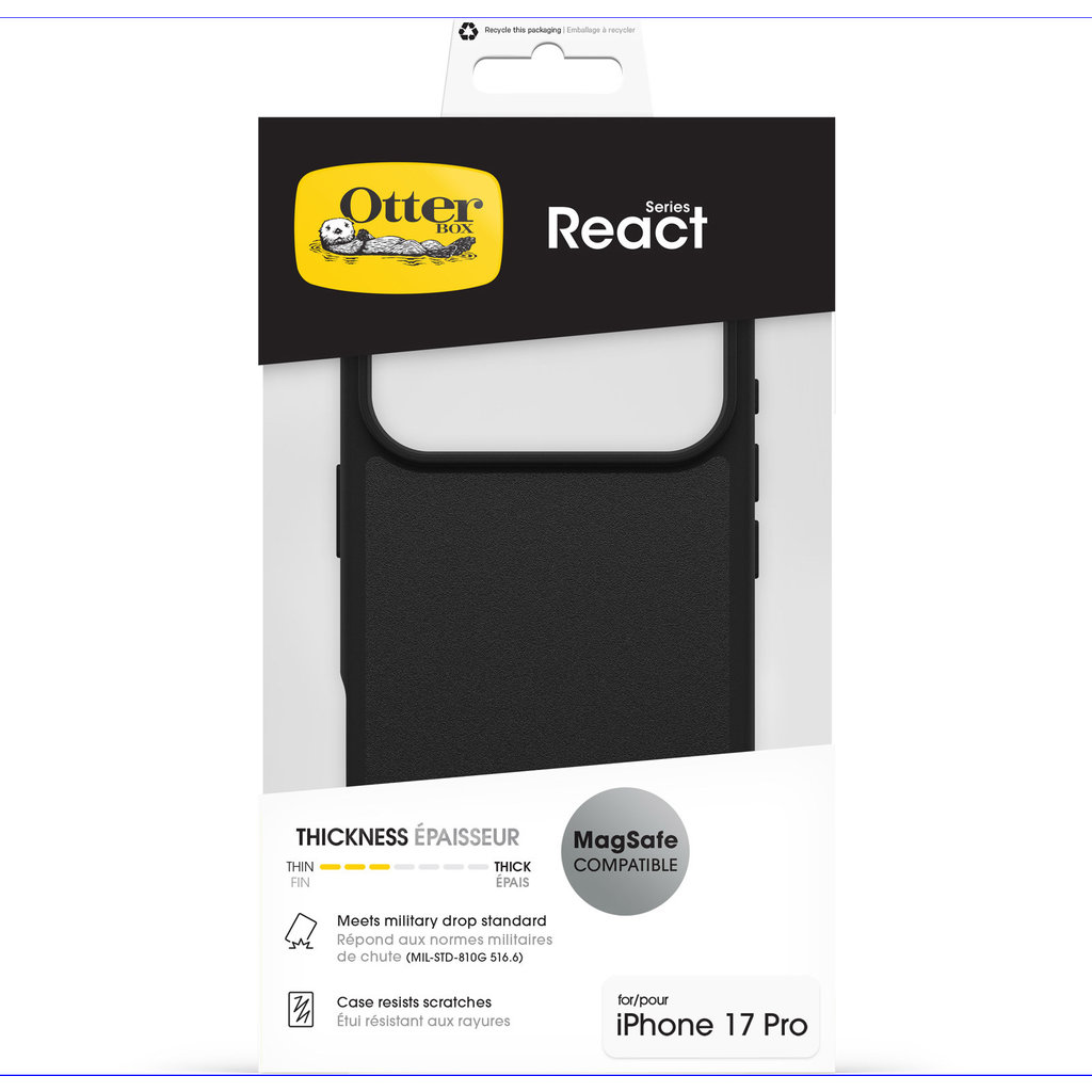 Confezione della custodia nera OtterBox React per iPhone 17 Pro con compatibilità MagSafe.