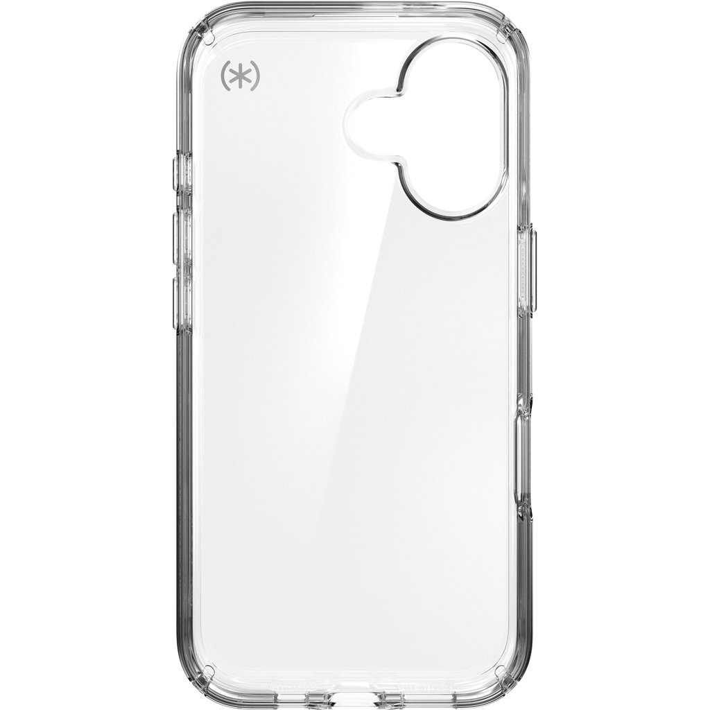 Custodia protettiva trasparente per smartphone con ritaglio per fotocamera su sfondo bianco.