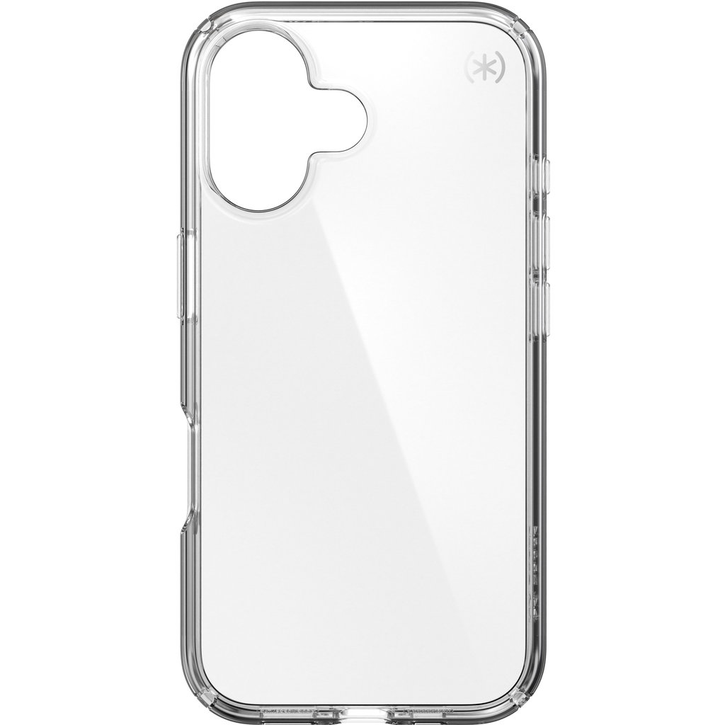 Una custodia protettiva trasparente per smartphone con aperture per la fotocamera e i pulsanti.