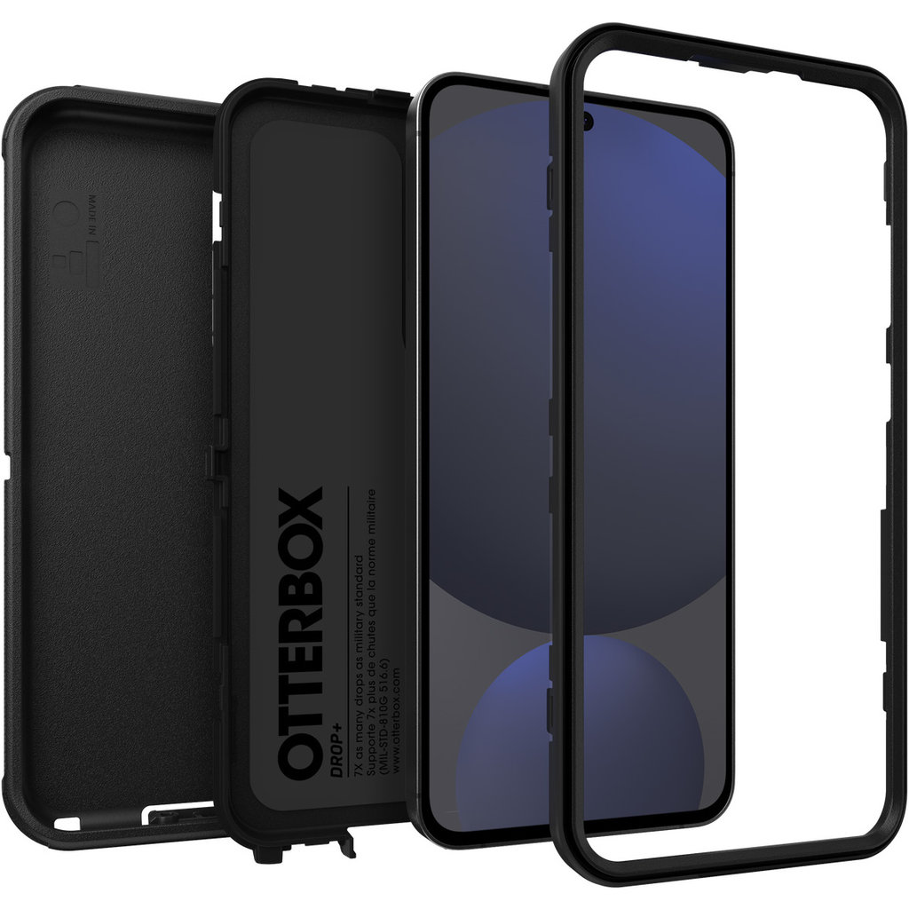 Vista esplosa di una custodia per smartphone Otterbox nera che mostra i suoi componenti e un telefono.