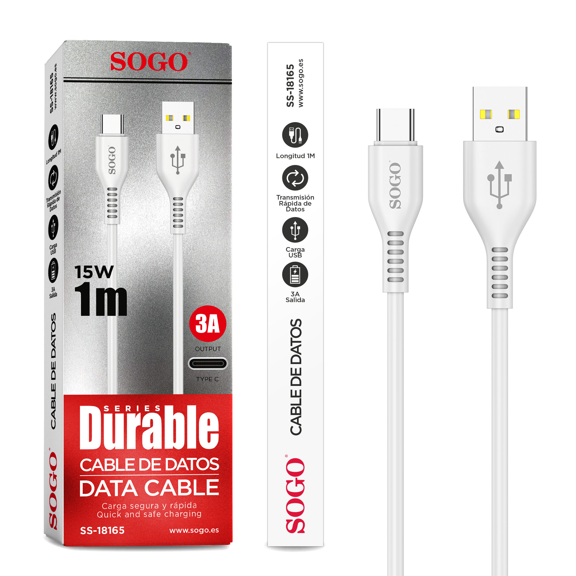 Cavo dati USB-C SOGO in confezione originale bianca, 15W e 1m di lunghezza.