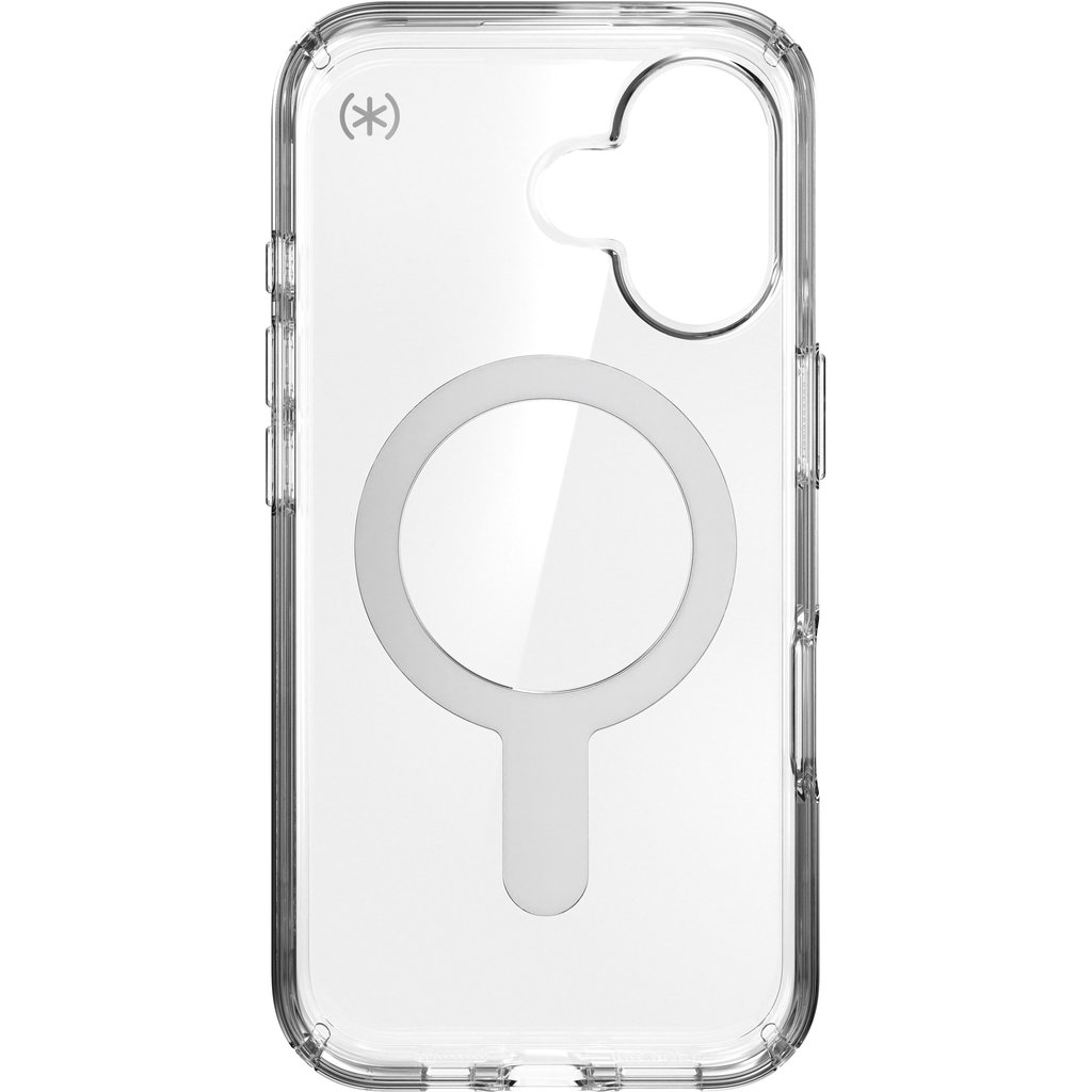 Custodia trasparente per smartphone con anello MagSafe e foro per fotocamera su sfondo bianco.