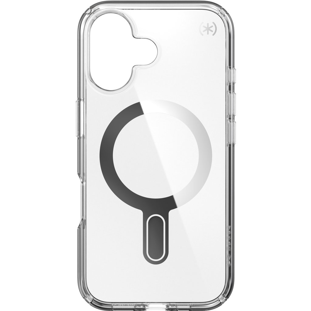 Una custodia trasparente per smartphone con grafica MagSafe, foro per fotocamera e logo su sfondo bianco.
