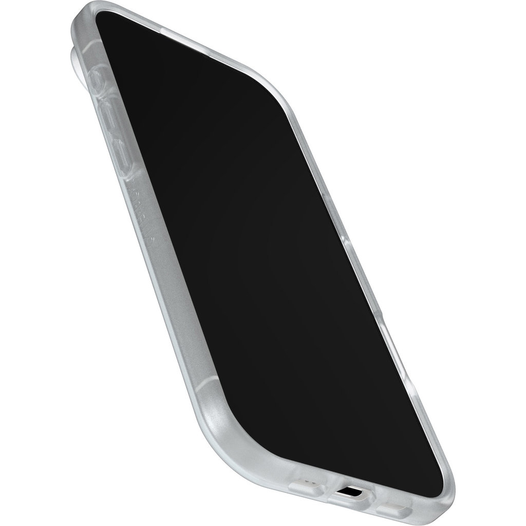 Un smartphone dans une coque de protection transparente, vue inclinée.