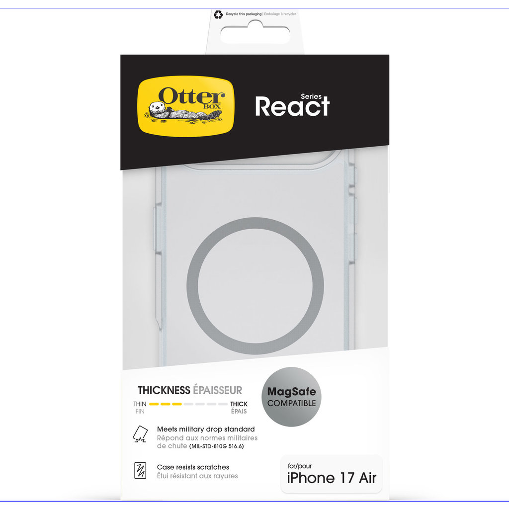 Emballage d'une coque MagSafe OtterBox React Series pour iPhone 17 Air, montrant les caractéristiques.