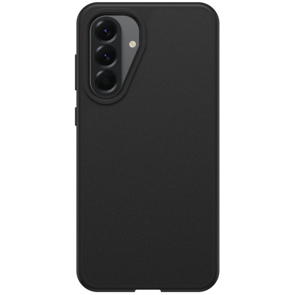Custodia per smartphone nera con tripla fotocamera verticale e flash LED sul retro.