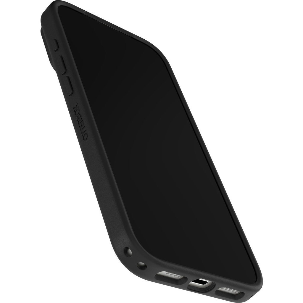 Un smartphone noir dans une coque de protection vu sous un angle.