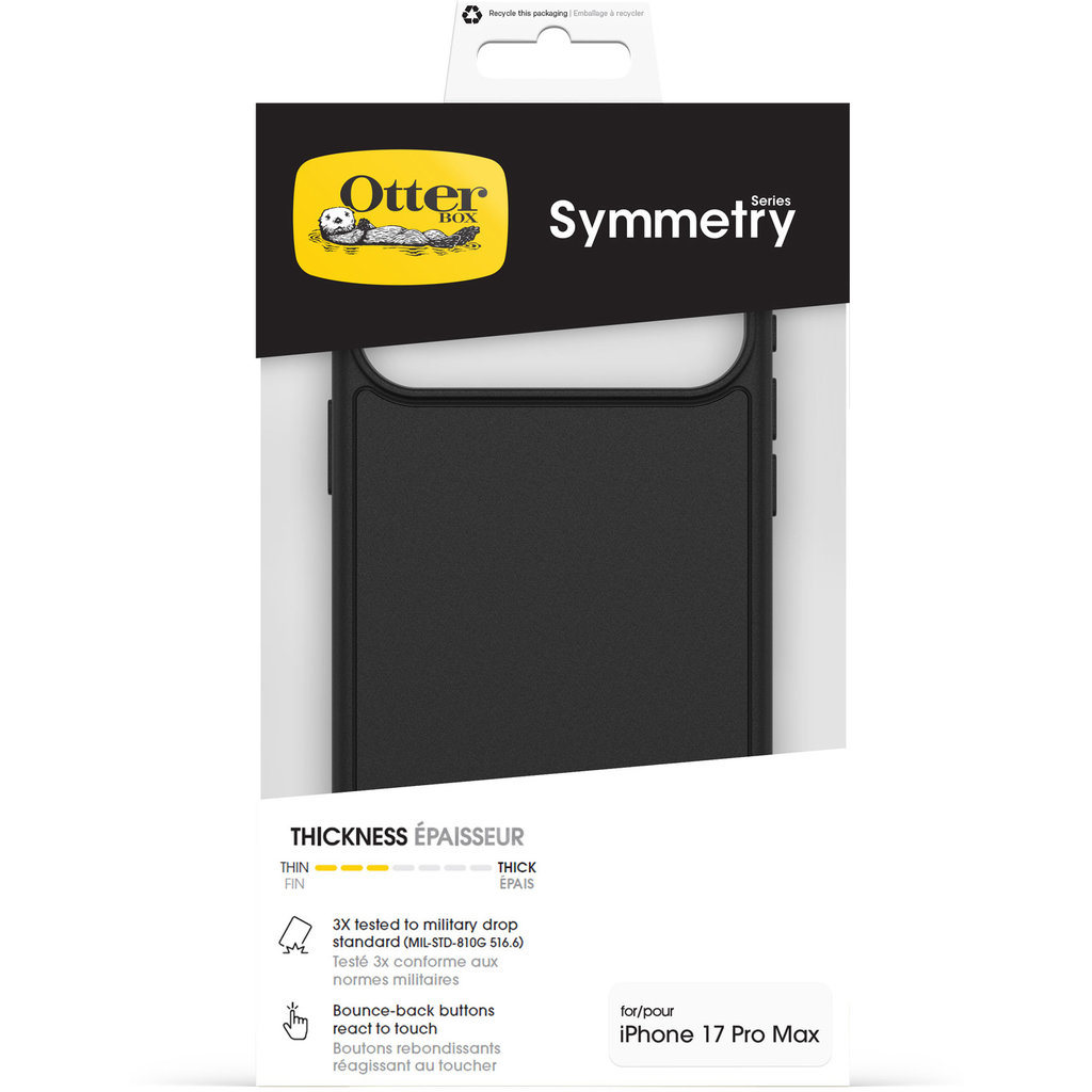 Emballage d'une coque de protection noire OtterBox Symmetry pour iPhone 17 Pro Max.