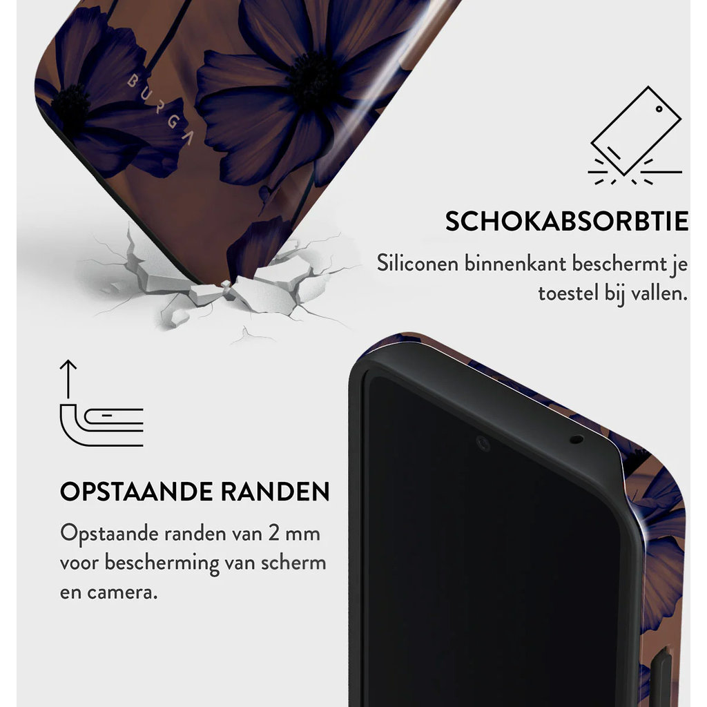 Coque de téléphone avec absorption des chocs, intérieur en silicone et bords surélevés pour l'écran et l'appareil.