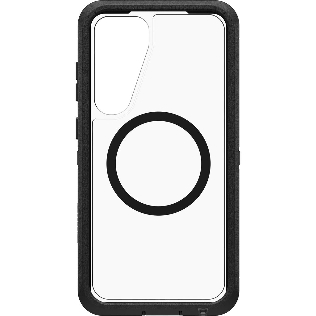 Una custodia nera per smartphone con retro trasparente e un anello magnetico rotondo al centro.