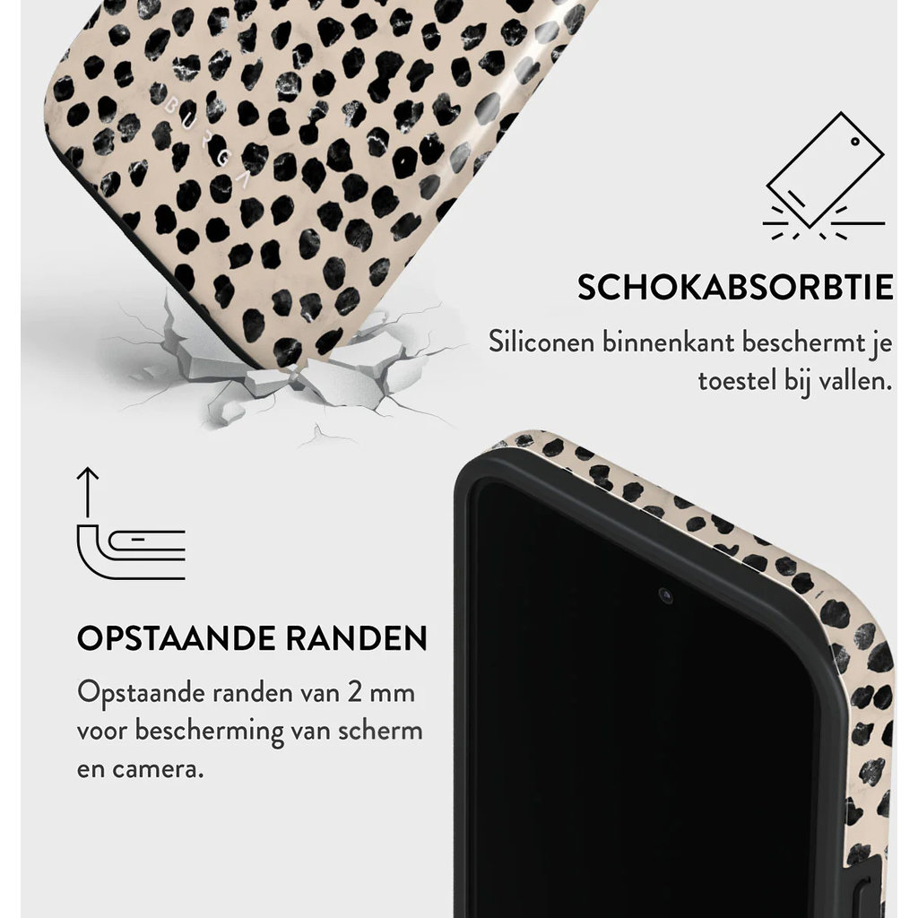Telefoonhoesje met luipaardprint en tekst over schokabsorptie en opstaande randen.