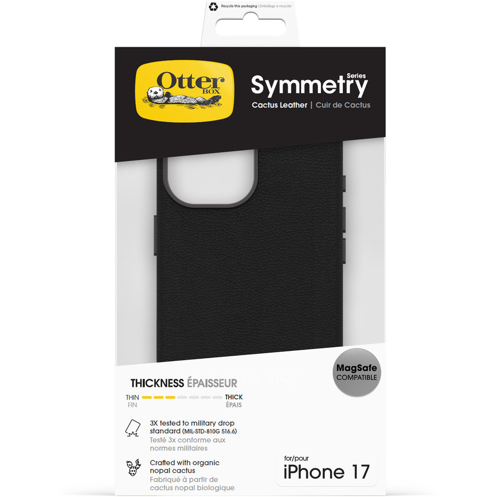 Empaque de la funda OtterBox Symmetry Cactus Leather para iPhone 17 en color negro.
