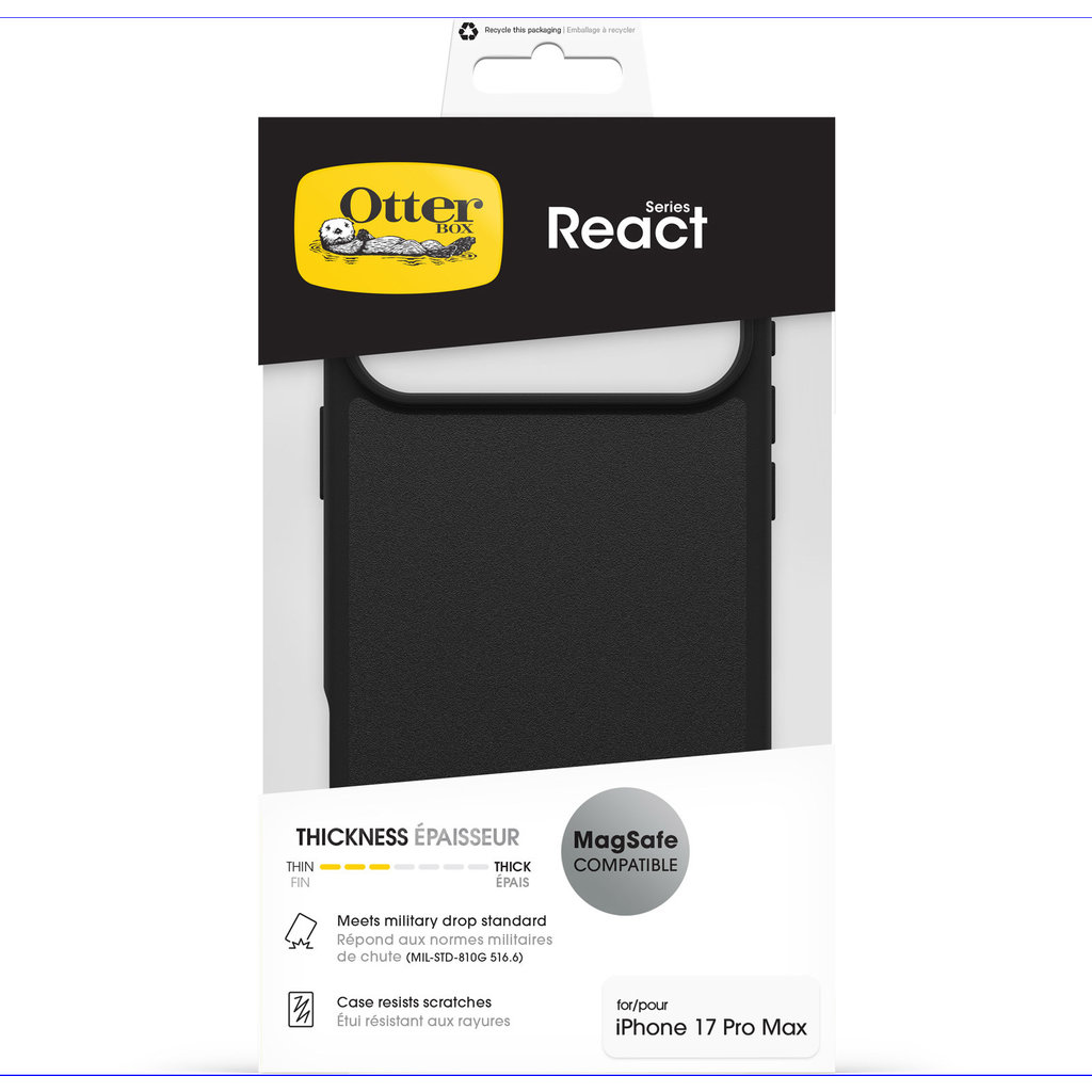 Confezione di custodia per telefono nera OtterBox React Series per iPhone 17 Pro Max, compatibile MagSafe.