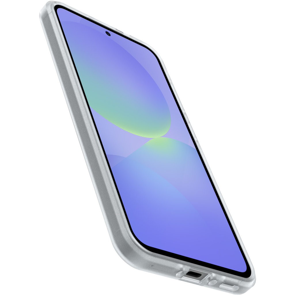 Uno smartphone in custodia protettiva è leggermente inclinato su sfondo bianco con schermo blu-verde.