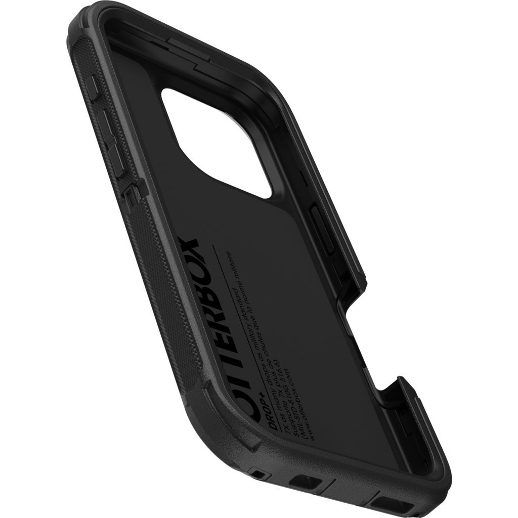 Custodia protettiva nera OtterBox per smartphone mostrata ad angolazione su sfondo bianco.