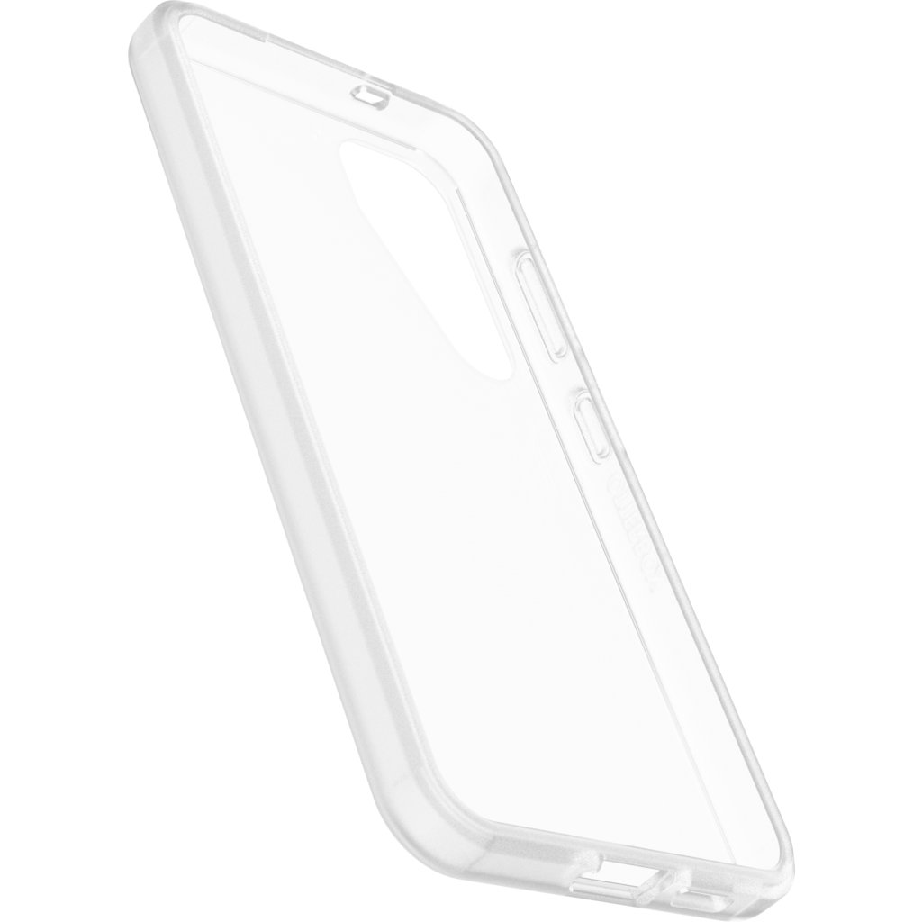 Una custodia protettiva trasparente per cellulare su sfondo bianco.