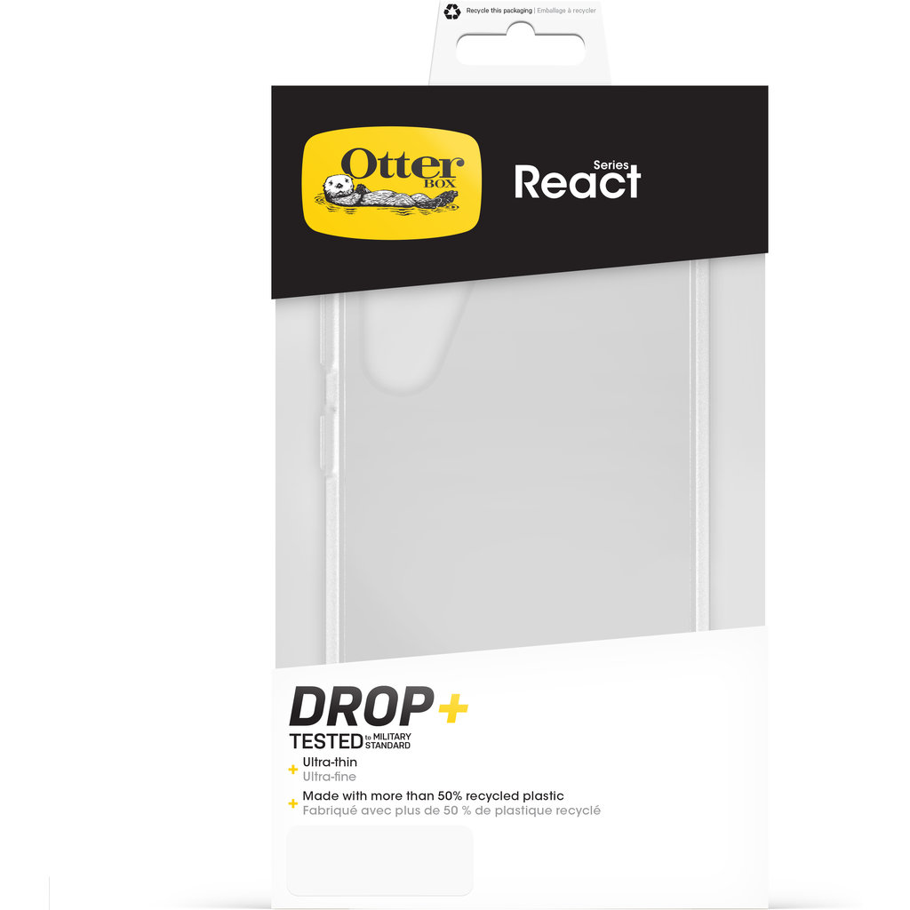 Confezione di una custodia trasparente OtterBox React Series con etichetta Drop+ Tested.