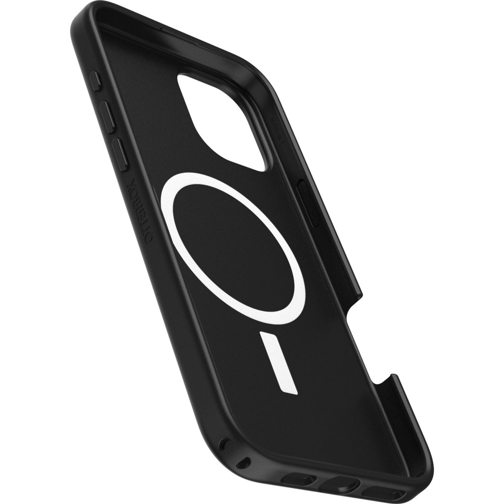 Una funda de smartphone negra con un icono blanco y circular de MagSafe en el interior.