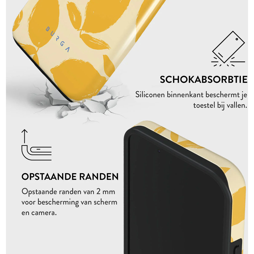 A phone case with yellow lemon print, highlighting shock absorption and raised edges for screen protection.