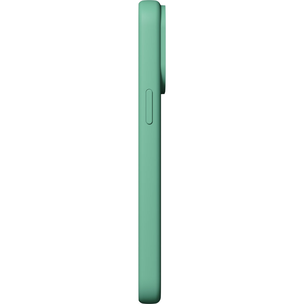 Widok z boku jasnozielonego etui na smartfon z wbudowanymi przyciskami na białym tle.